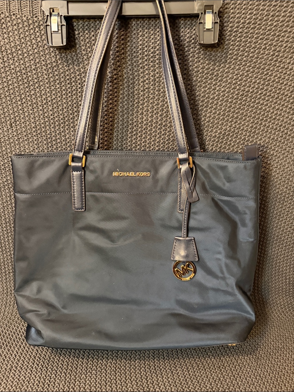 Michael Kors Navy Nylon Tote with Gold Accent Logo Charm